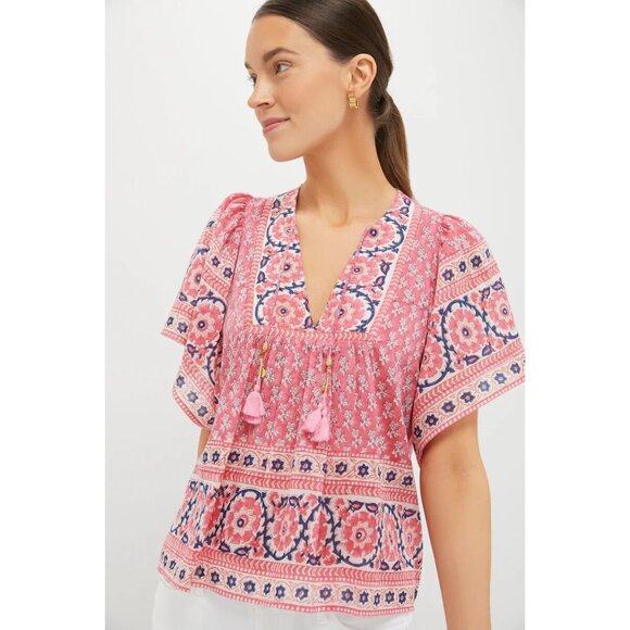 Bell by Alicia Bell Tuckernuck Pink Navy Printed Angel Flutter Sleeve Top Small - Picture 2 of 11